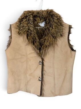 Vintage Tan Suede Cropped Vest with Faux Fur Collar and Lining